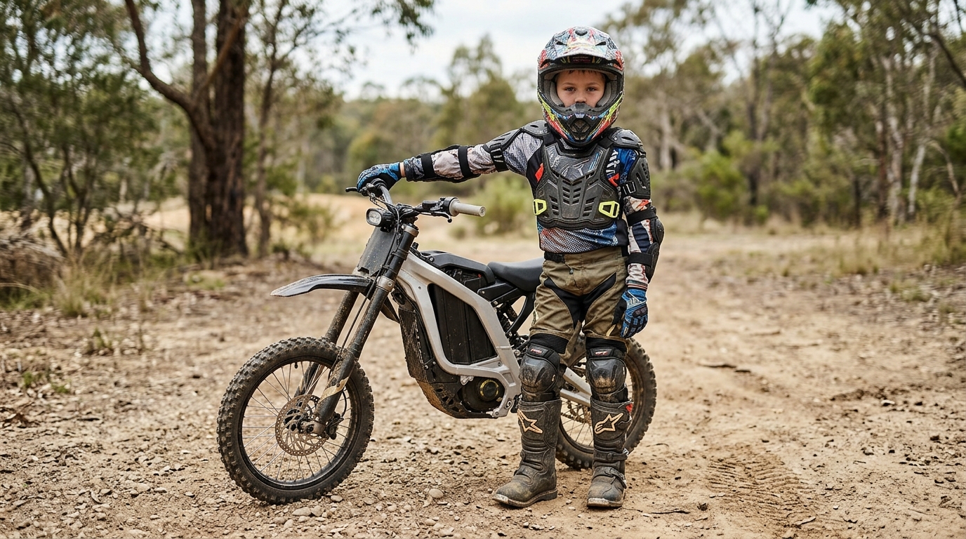Child wearing helmet and protective gear beside an electric dirt bike.