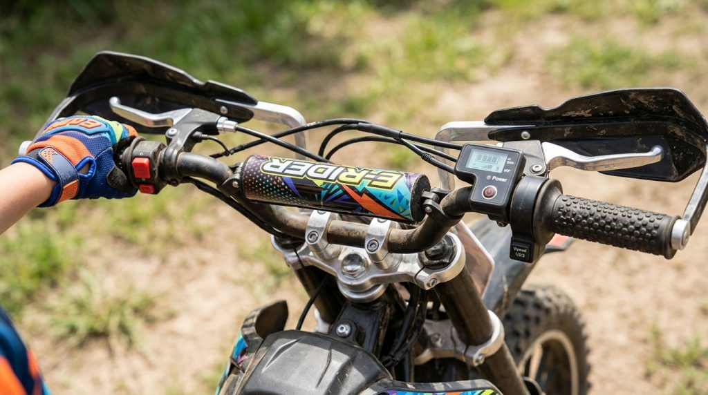 Electric dirt bike controls for a child rider.