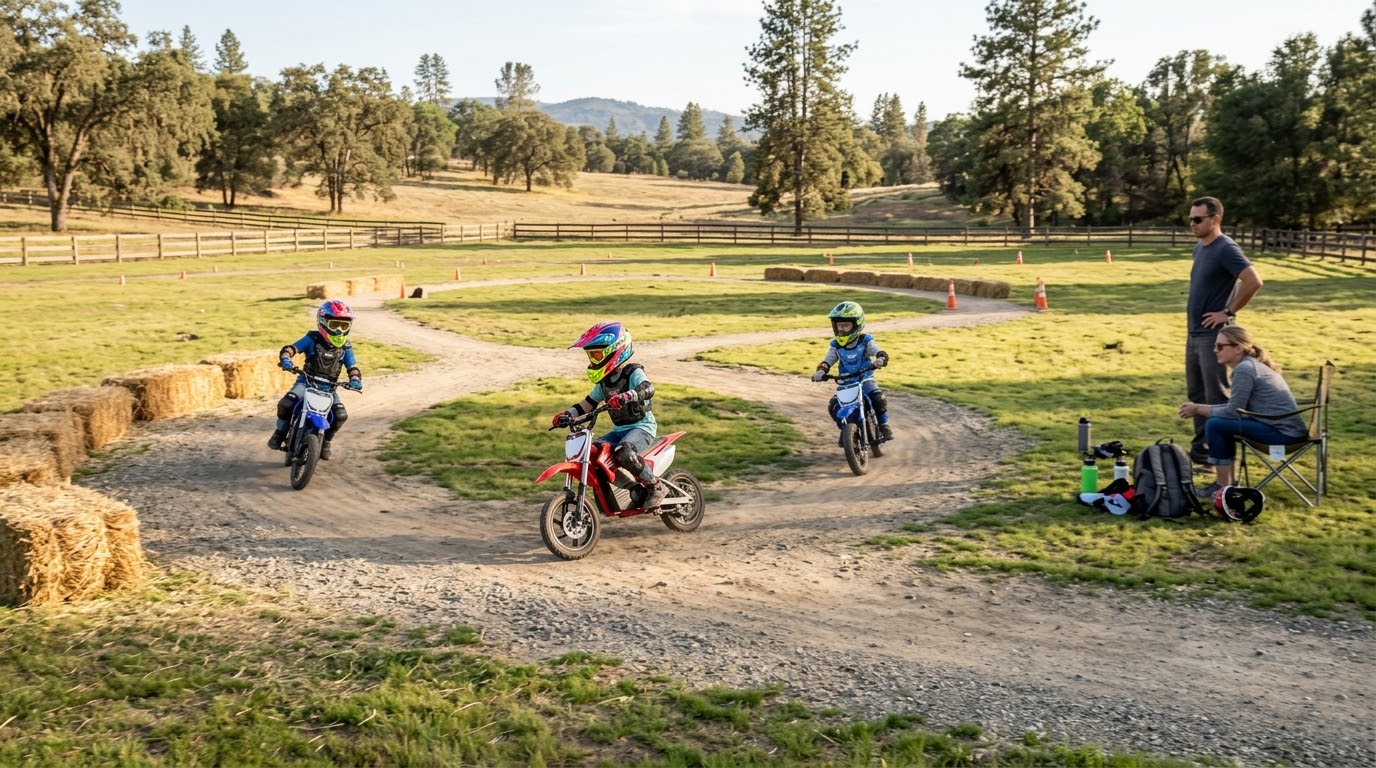 Open outdoor area suitable for supervised kids electric dirt bike riding.
