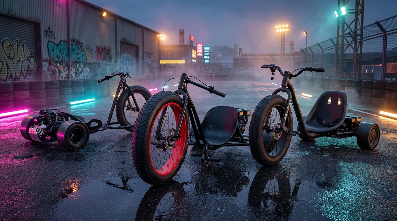 Gas and electric drift trikes compared for adult riders.